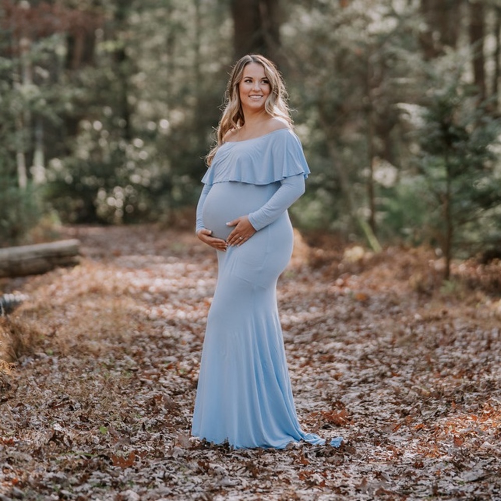 PinkBlush Light Blue Ruffle Off Shoulder Mermaid Maternity Gown